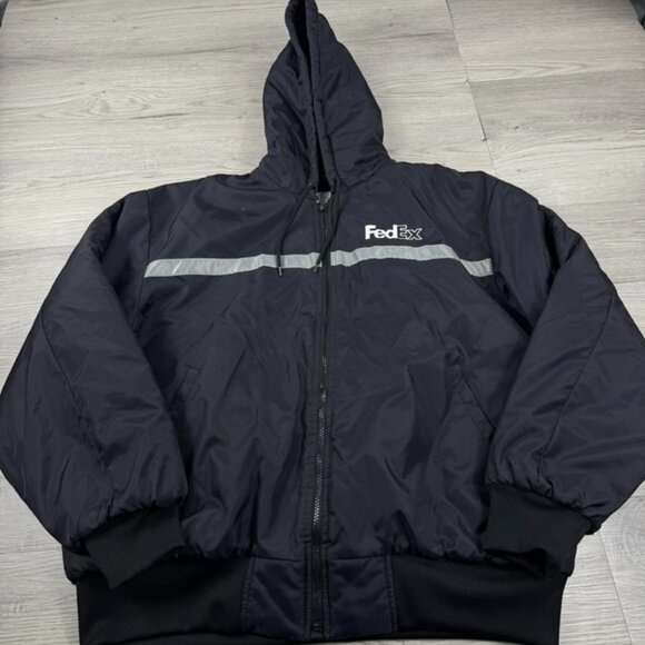 FedEx Stan Herman Adult L Full Zip Hooded Uniform All Weather Jacket Nylon Blue - Picture 1 of 9